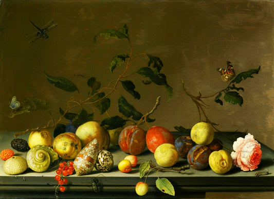 A Still Life of Fruit and Shells with a Rose and Various Insects upon a Stone Ledge, vintage artwork by Balthasar van der Ast, 12x8" (A4) Poster