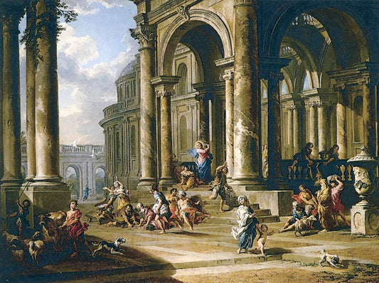 Expulsion of the Moneychangers from the Temple, vintage artwork by Giovanni Paolo Panini, 12x8" (A4) Poster