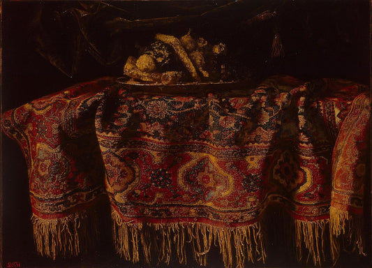 Still Life with an Oriental Carpet, vintage artwork by Francesco Fieravino, 12x8" (A4) Poster