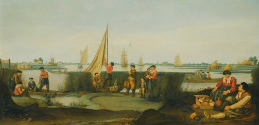 Fishermen on the Bank of a River Estuary, vintage artwork by Arent Arentsz., 12x8" (A4) Poster