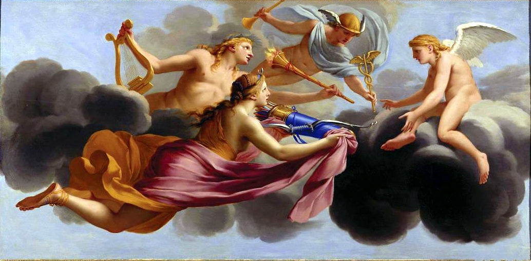 Life of Cupid - Cupid Receiving the Hommage of Diana, Apollo and Mercury, vintage artwork by Eustache Le Sueur, 12x8" (A4) Poster