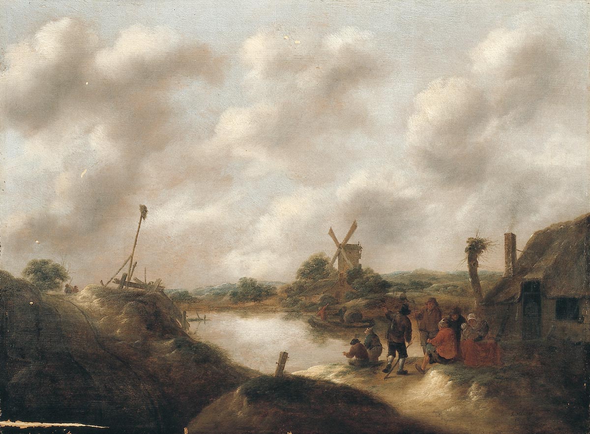 Landscape with Farmers on a Riverbank, vintage artwork by Klaes Molenaer, 12x8" (A4) Poster