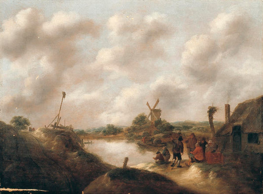 Landscape with Farmers on a Riverbank, vintage artwork by Klaes Molenaer, 12x8" (A4) Poster