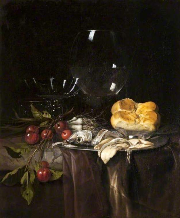 Still Life, Herring, Cherries and Glassware, vintage artwork by Willem van Aelst, 12x8" (A4) Poster