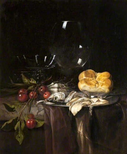 Still Life, Herring, Cherries and Glassware, vintage artwork by Willem van Aelst, 12x8" (A4) Poster