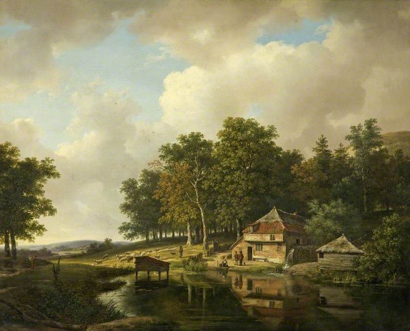 Landscape with a Mill and a Water Wheel, vintage artwork by Andreas Schelfhout, 12x8" (A4) Poster