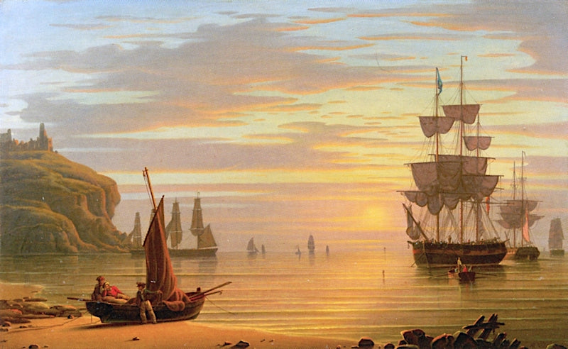 Calm & Sunset,Shipping: Tynemouth Point and Boat, vintage artwork by Robert Salmon, 12x8" (A4) Poster