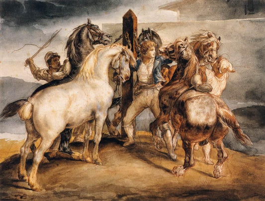 Horse Market: Five Horses at the Stake, vintage artwork by Theodore Gericault, 12x8" (A4) Poster