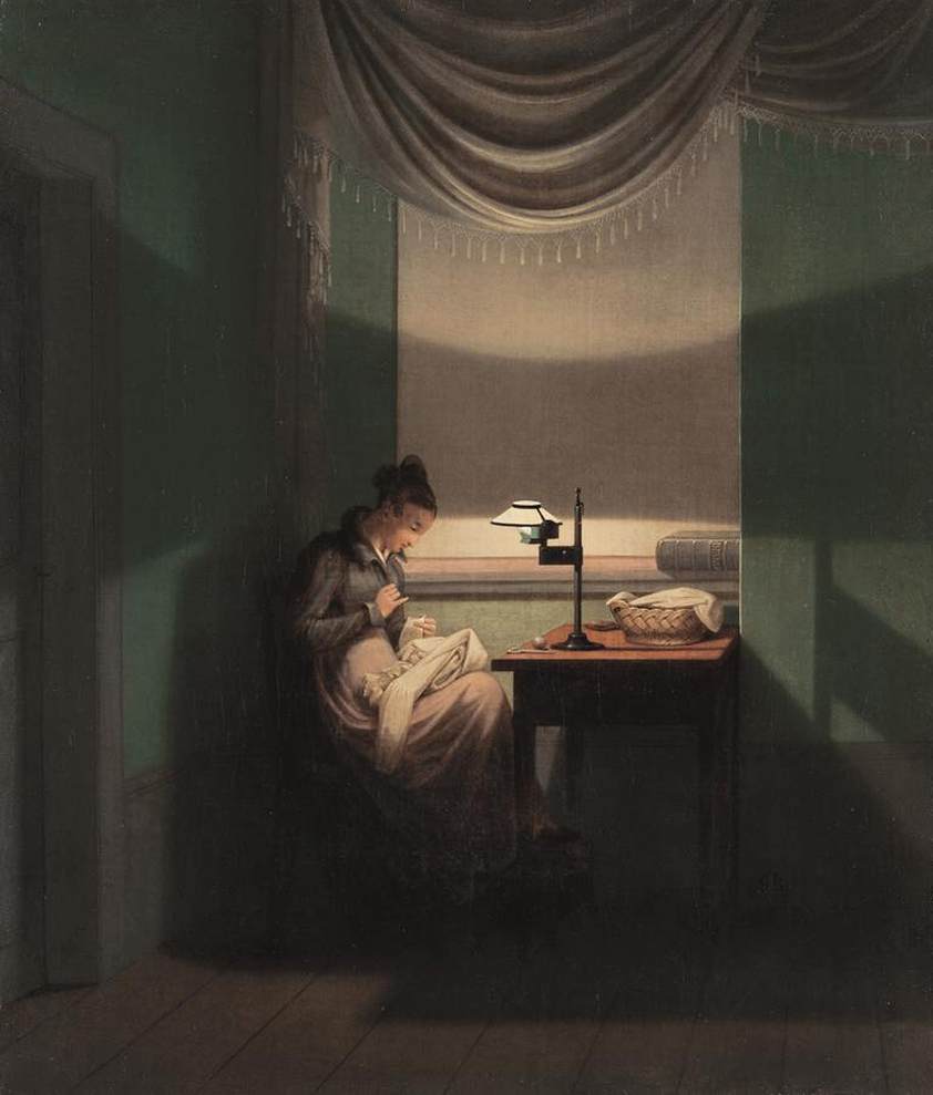 Young Woman Sewing by  the Light of a Lamp, vintage artwork by Georg Friedrich Kersting, 12x8" (A4) Poster