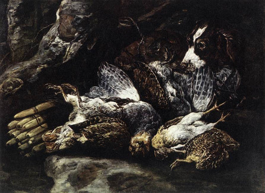 Still Life:  Dead Game and a Hunting Dog, vintage artwork by Jan Fyt, 12x8" (A4) Poster
