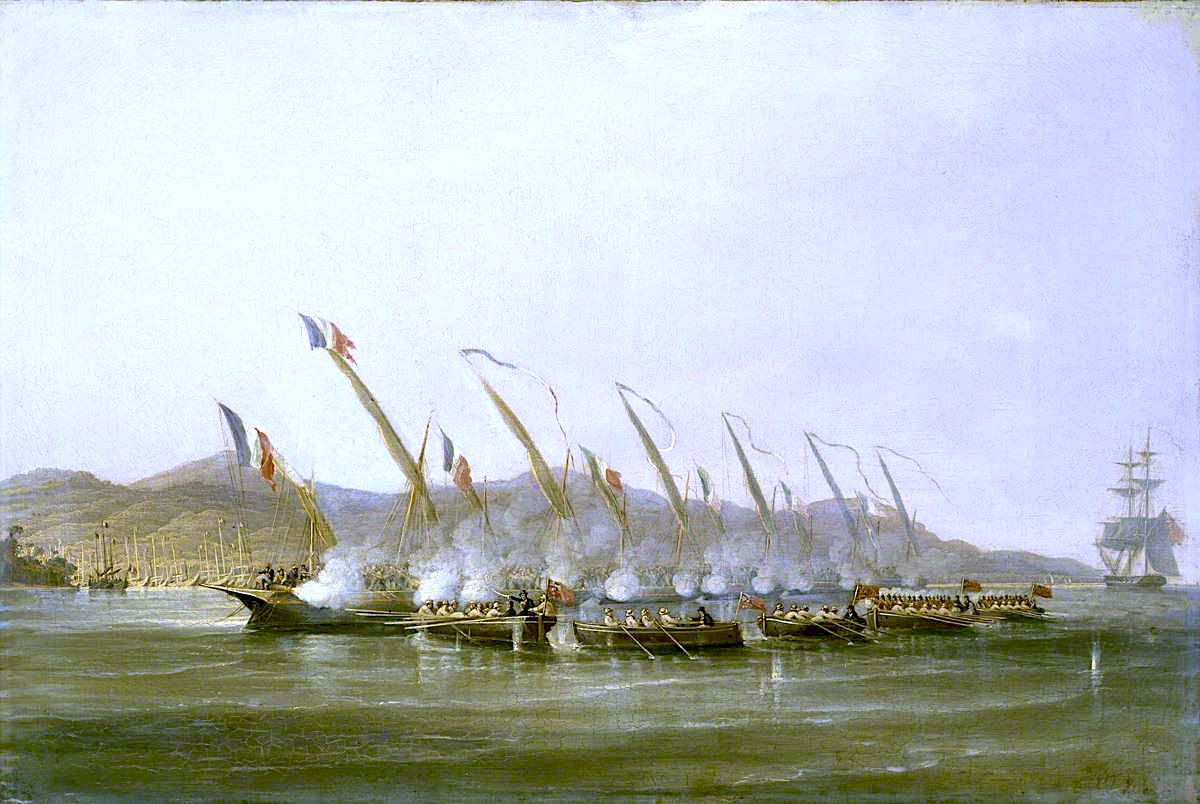 Captain Robert Maunsell Capturing French Gunboats off Java, July 1811, vintage artwork by William John Huggins, 12x8" (A4) Poster
