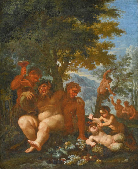 Landscape with Silenus and Putti, vintage artwork by Abraham Brueghel, 12x8" (A4) Poster