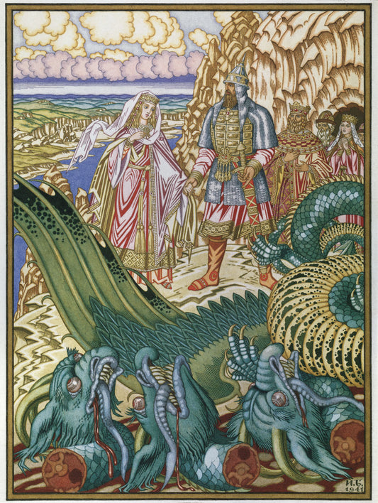 Dobrynya Kills the Dragon, vintage artwork by Ivan Yakovlevich Bilibin, 12x8" (A4) Poster