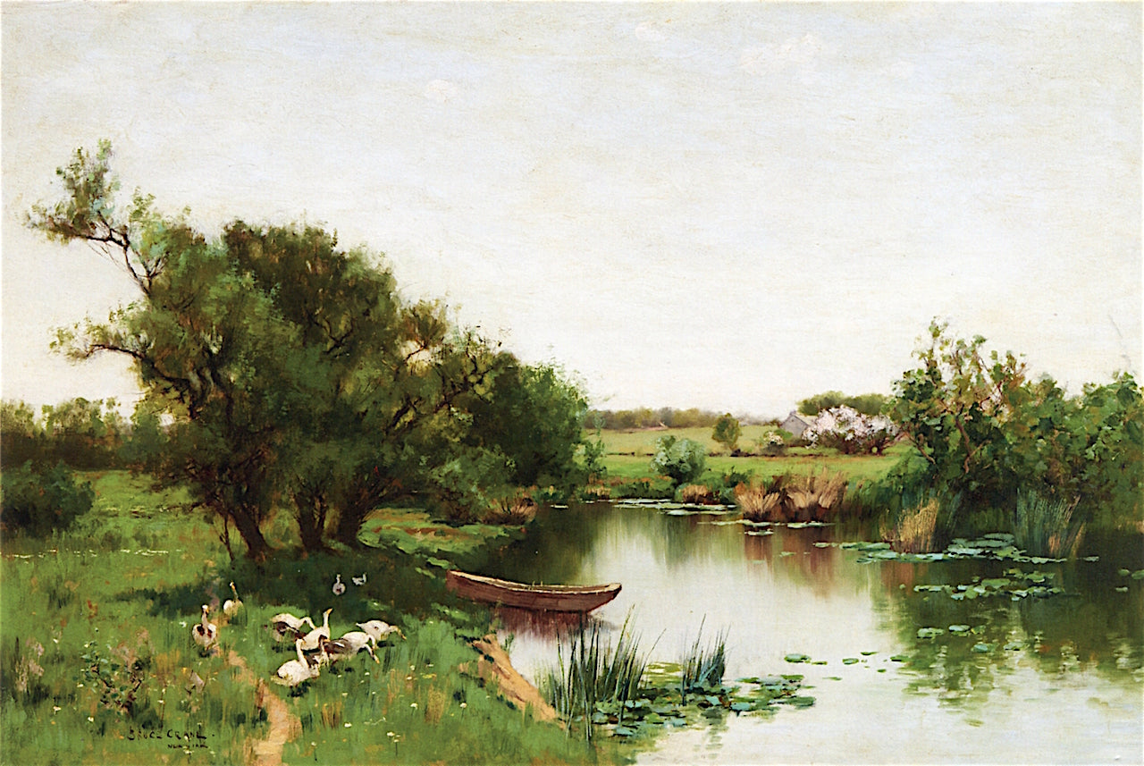 Geese by a Woodland Pond with Moored Boat by Bruce Crane,A3(16x12")Poster