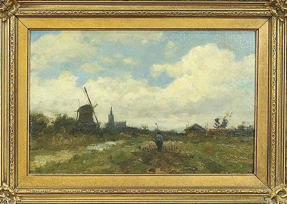 Shepherd with Windmill and Church by Johannes Weiland,A3(16x12")Poster