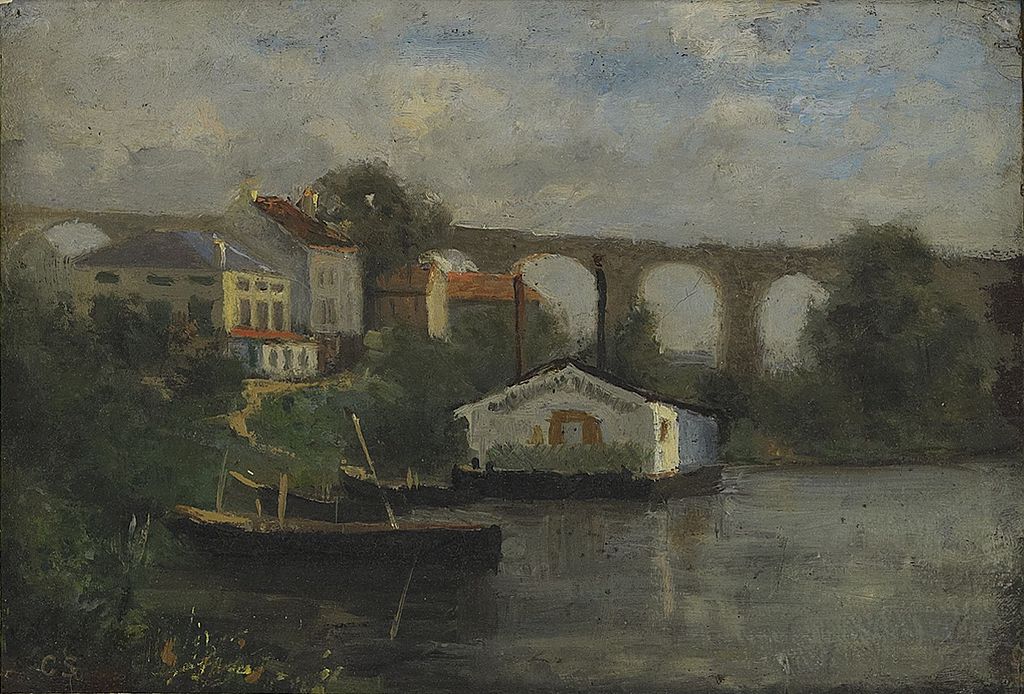 French river landscape with aqueduct, vintage artwork by Carl Skanberg, 12x8" (A4) Poster