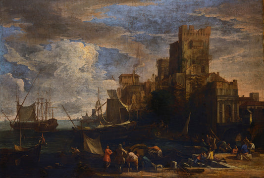 A Caprice View of a Seaport, vintage artwork by Luca Carlevarijs, 12x8" (A4) Poster