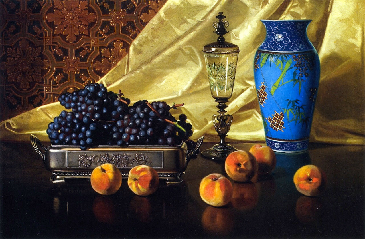 Still Life with Peaches and Grapes in a Silver Dish, vintage artwork by Edward Chalmers Leavitt, 12x8" (A4) Poster