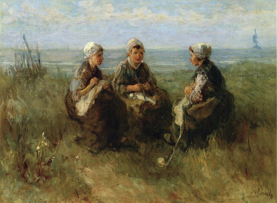 Three Women Knitting by  the Sea, vintage artwork by Jozef Israëls, 12x8" (A4) Poster
