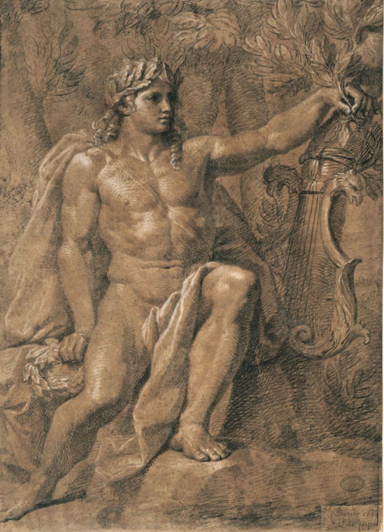 Apollo Sitting and Leaning on his Lyra, vintage artwork by Noël Coypel I, 12x8" (A4) Poster