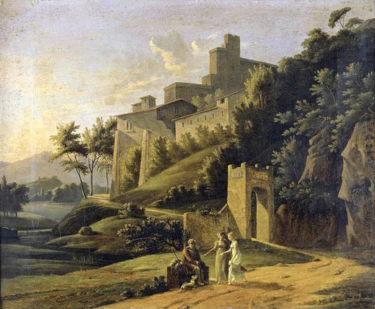 Landscape with a Fortress and a Beggar, vintage artwork by Jean-Victor Bertin, 12x8" (A4) Poster