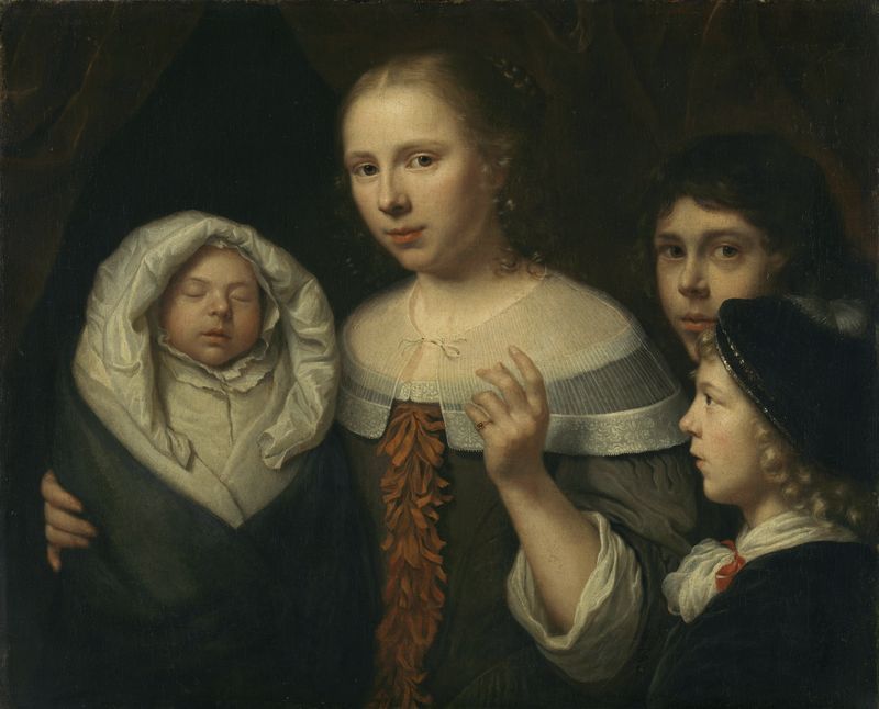 Portrait of a young woman with three children, vintage artwork by Wallerant Vaillant, 12x8" (A4) Poster