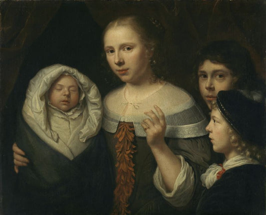 Portrait of a young woman with three children, vintage artwork by Wallerant Vaillant, 12x8" (A4) Poster