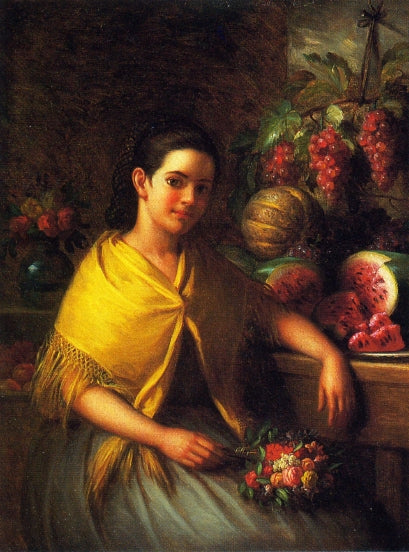 Young Girl with Fruit and Flowers, vintage artwork by George Henry Hall, 12x8" (A4) Poster