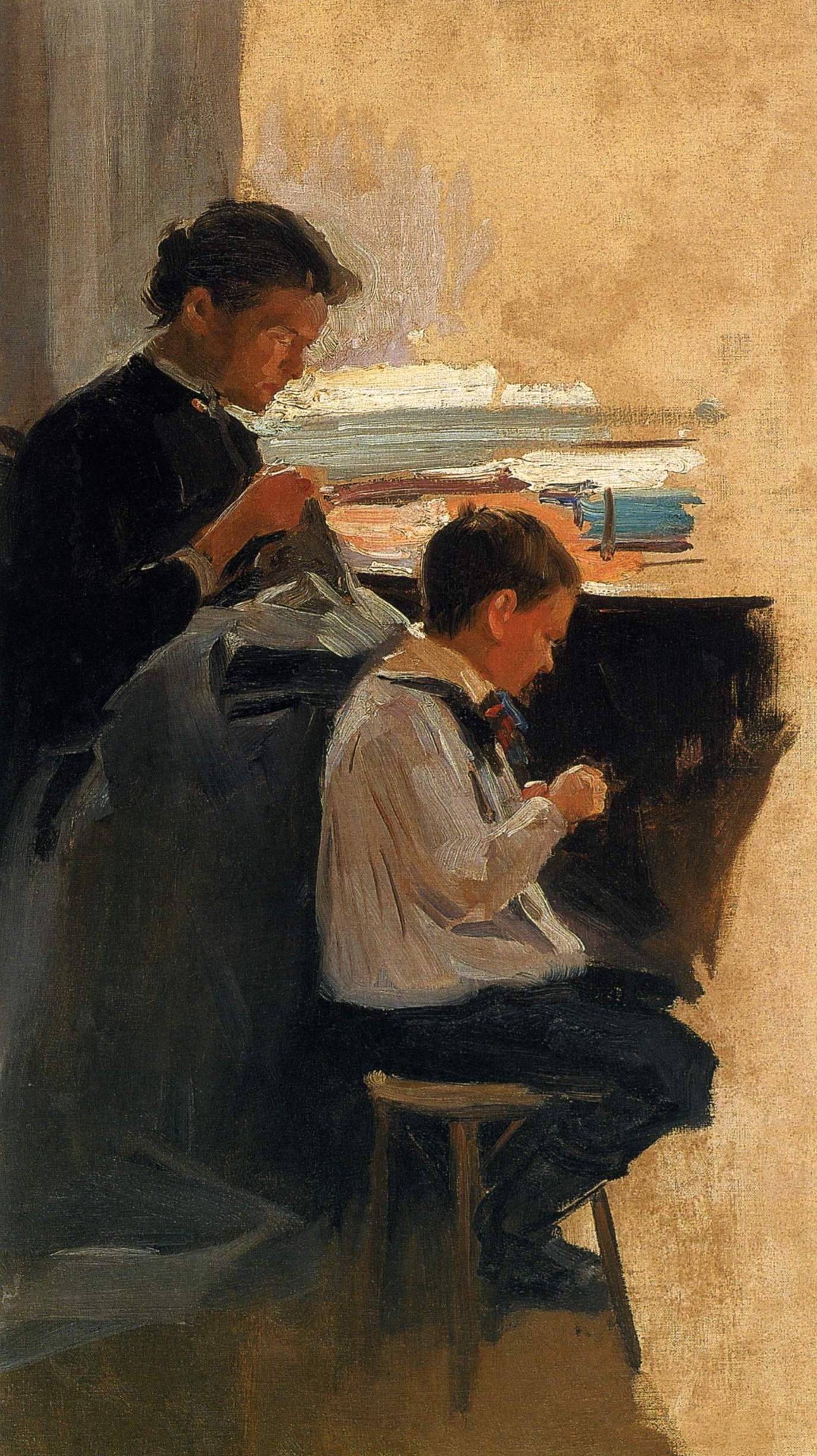 Woman with a Boy, vintage artwork by Nikolai Pimonenko, 12x8" (A4) Poster