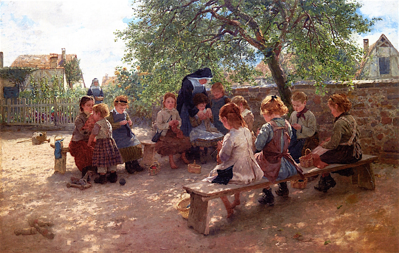 Knitting Class, vintage artwork by Friederich Kallmorgen, 12x8" (A4) Poster