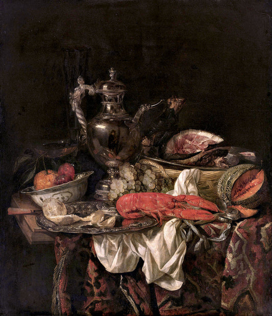 Still Life with a Silver Pitcher, vintage artwork by Abraham van Beyeren, 12x8" (A4) Poster