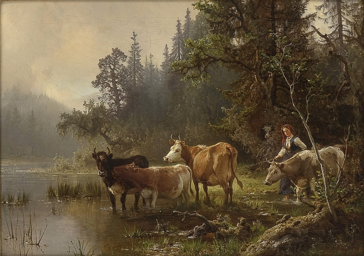 At the Watering Place, vintage artwork by Anders Monsen Askevold, 12x8" (A4) Poster
