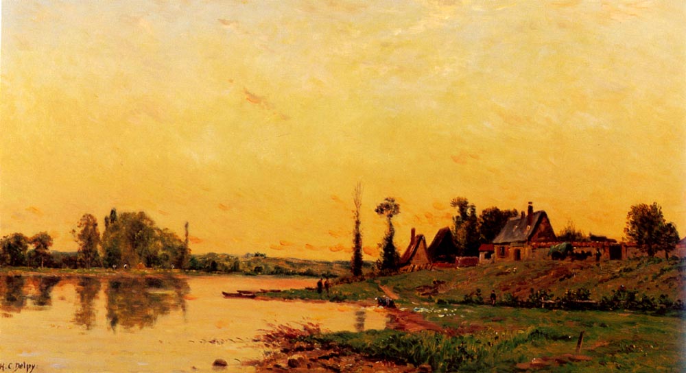 Washerwomen near a Group of Houses, vintage artwork by Hippolyte-Camille Delpy, 12x8" (A4) Poster