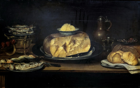 Still-life with cheese, sausage, fish and bread, vintage artwork by Andries Benedetti, 12x8" (A4) Poster