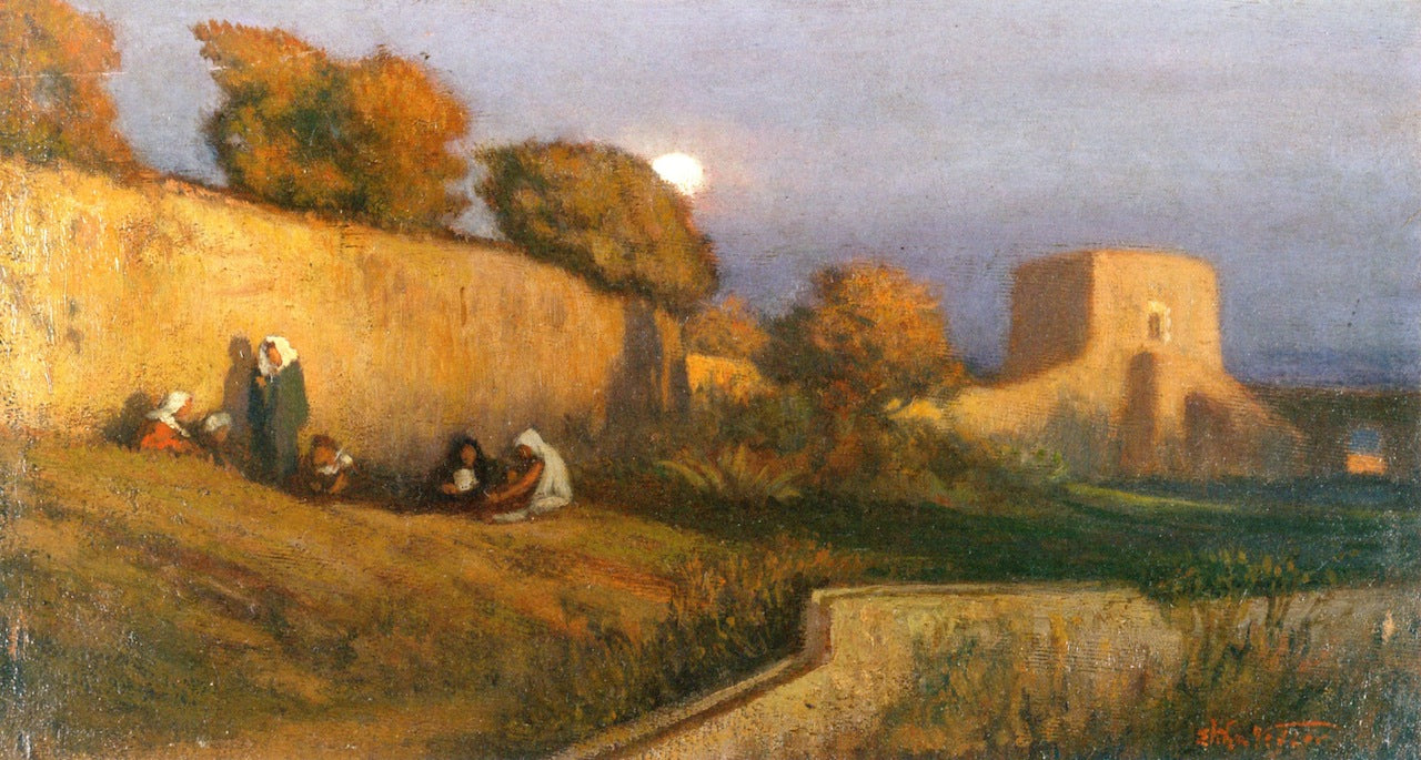 Figures by  a Wall in Moonlight, vintage artwork by Elihu Vedder, 12x8" (A4) Poster