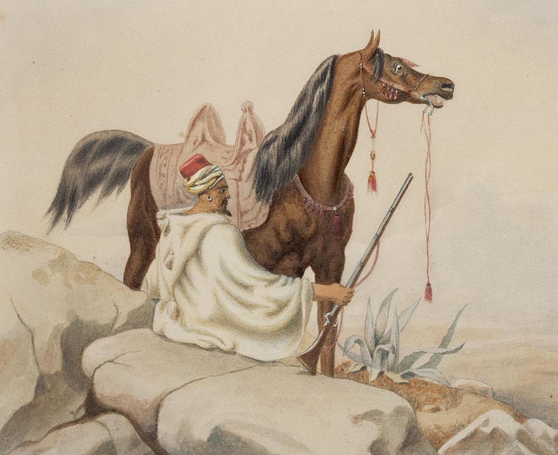 A Seated Arab Huntsman, with his Horse, vintage artwork by Niels Simonsen, A3 (16x12") Poster Print