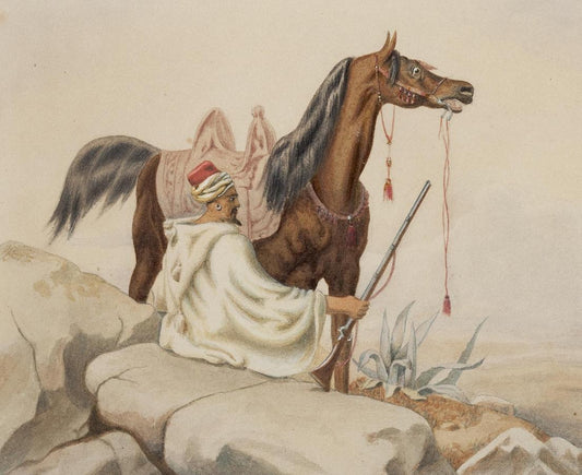 A Seated Arab Huntsman, with his Horse, vintage artwork by Niels Simonsen, A3 (16x12") Poster Print