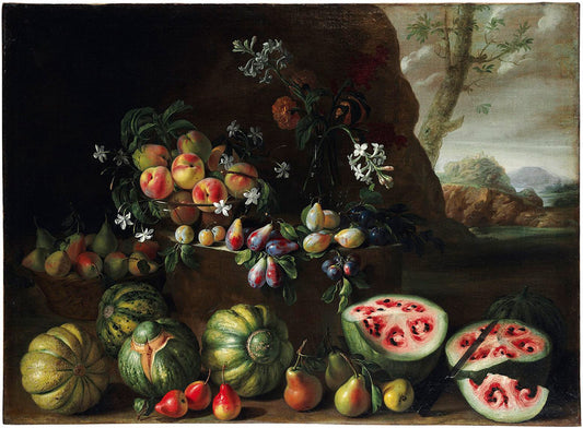 Watermelons, Peaches, Pears and Other Fruit in a Landscape, vintage artwork by Giovanni Stanchi Dei Fiori, 12x8" (A4) Poster