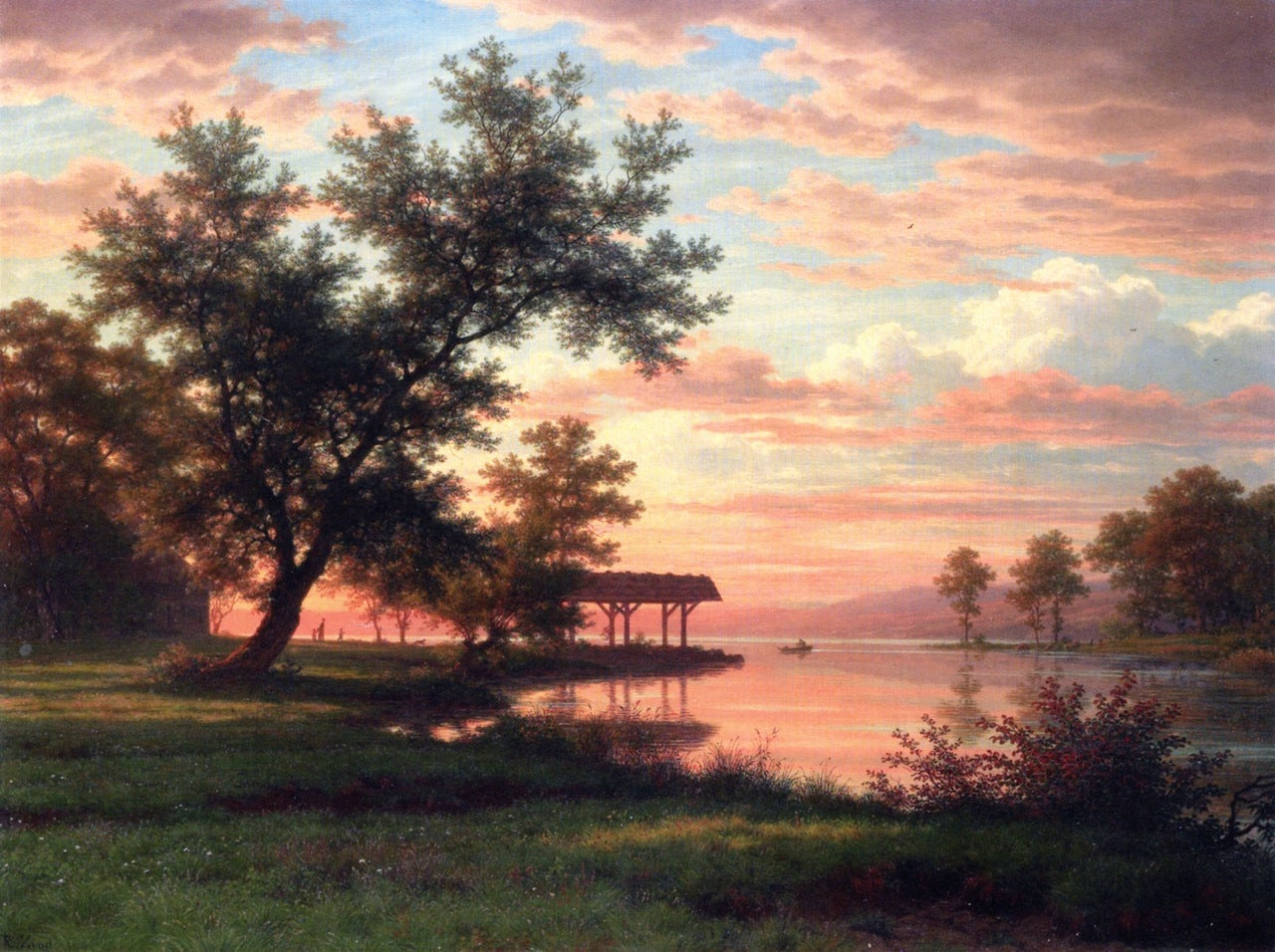 Evening on the Lakeside, vintage artwork by Robert Zünd, 12x8" (A4) Poster