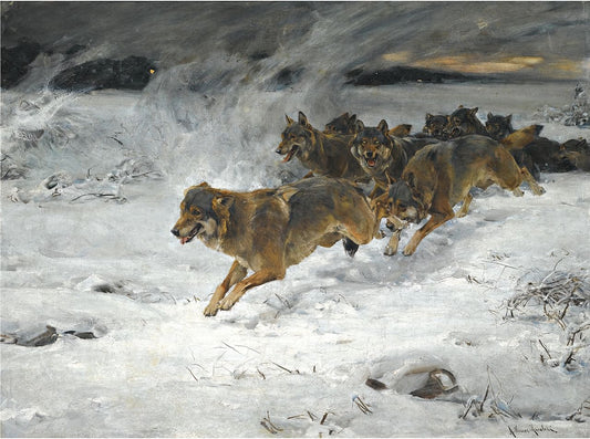 A Pack of Wolves, vintage artwork by Alfred von Wierusz-Kowalski, 12x8" (A4) Poster