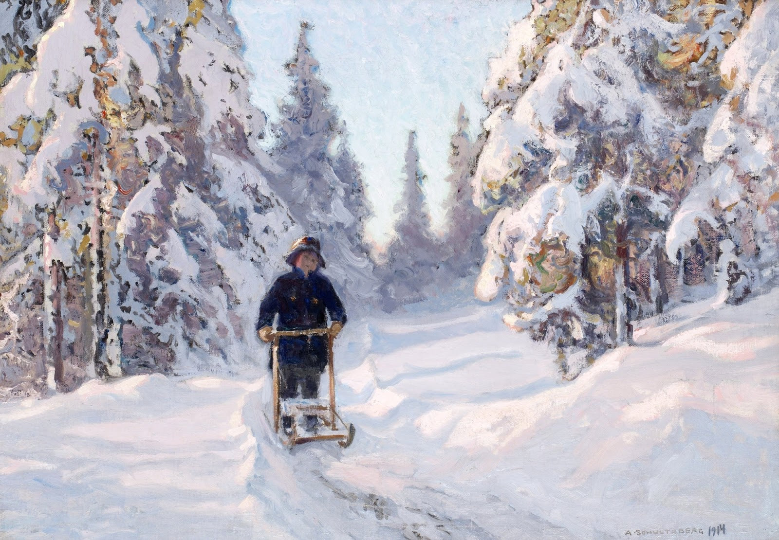  Scene with a Boy on a Finnish Sleigh by Anshelm Schultzberg,A3(16x12")Poster