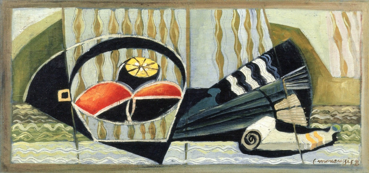 Still Life with Fruit Bowl and Fan, vintage artwork by Louis Marcoussis, 12x8" (A4) Poster