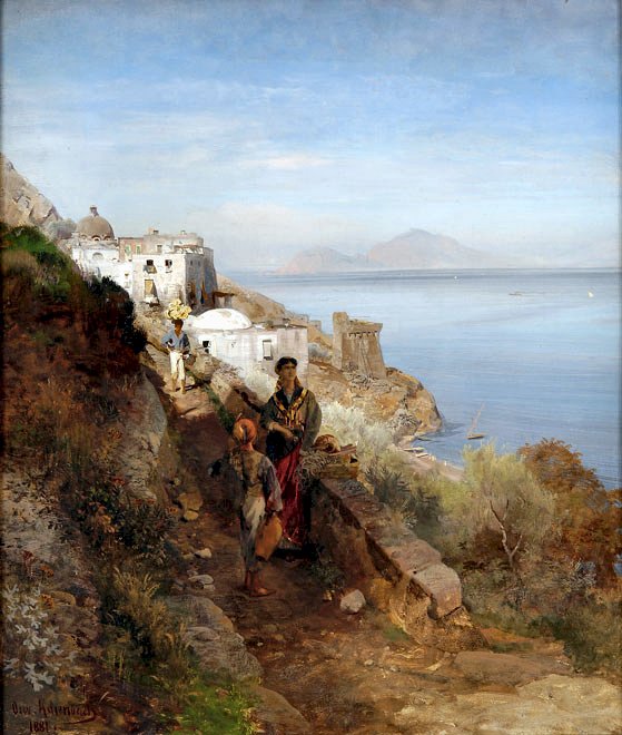 The Coast of Sorrento, vintage artwork by Oswald Achenbach, 12x8" (A4) Poster