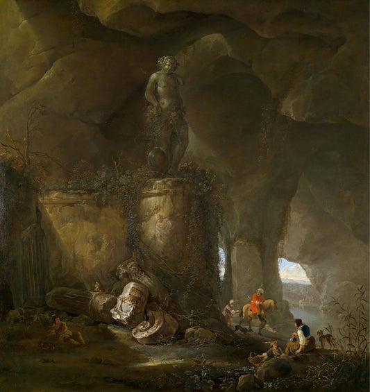 A grotto with travellers and a sculpture of Bacchus, vintage artwork by Abraham van Cuylenborch, 12x8" (A4) Poster
