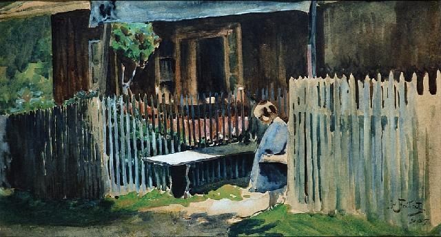 Girl before the House, vintage artwork by Julian Falat, 12x8" (A4) Poster