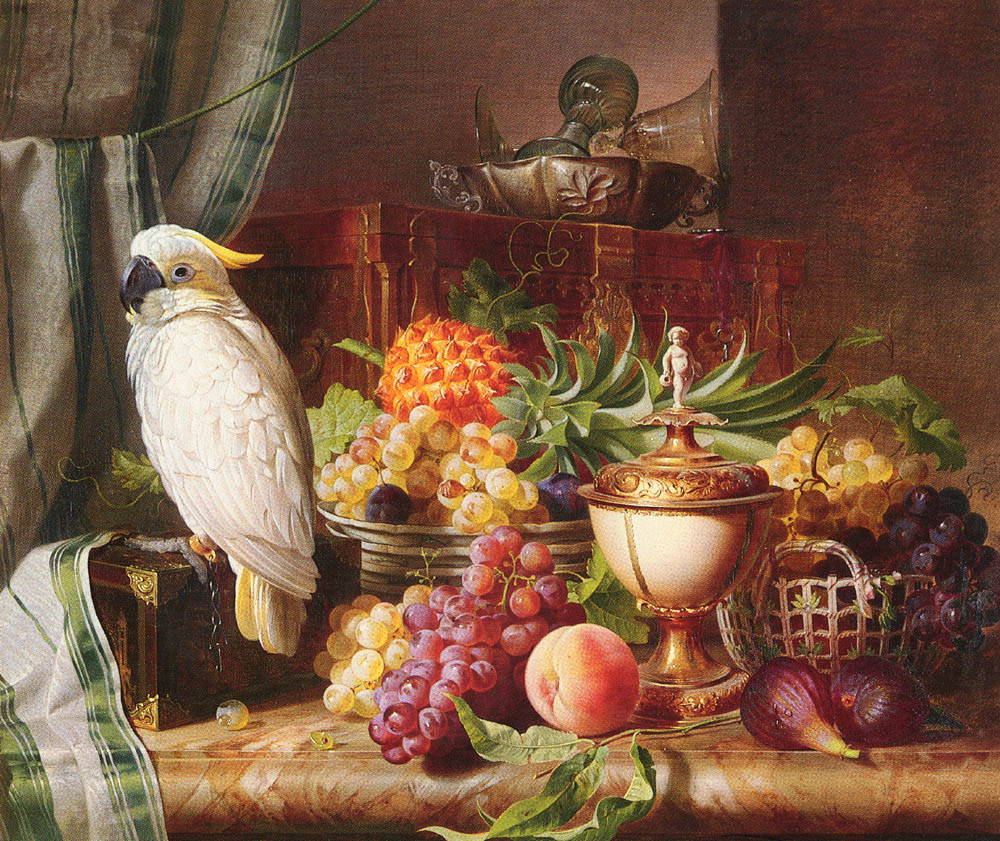 Still Life with Fruit and a Cockatoo, vintage artwork by Joseph Schuster, A3 (16x12") Poster Print