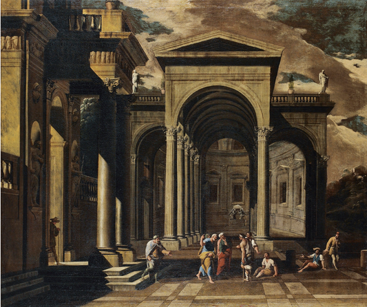 A capriccio of the exterior of an elaborate palace with Saint Peter healing the lame, vintage artwork by Viviano Codazzi, 12x8" (A4) Poster
