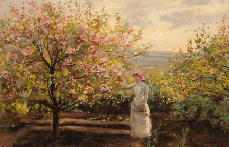 Spring Landscape with a Woman Picking Blossom, vintage artwork by Alexander Ignatius Roche, 12x8" (A4) Poster