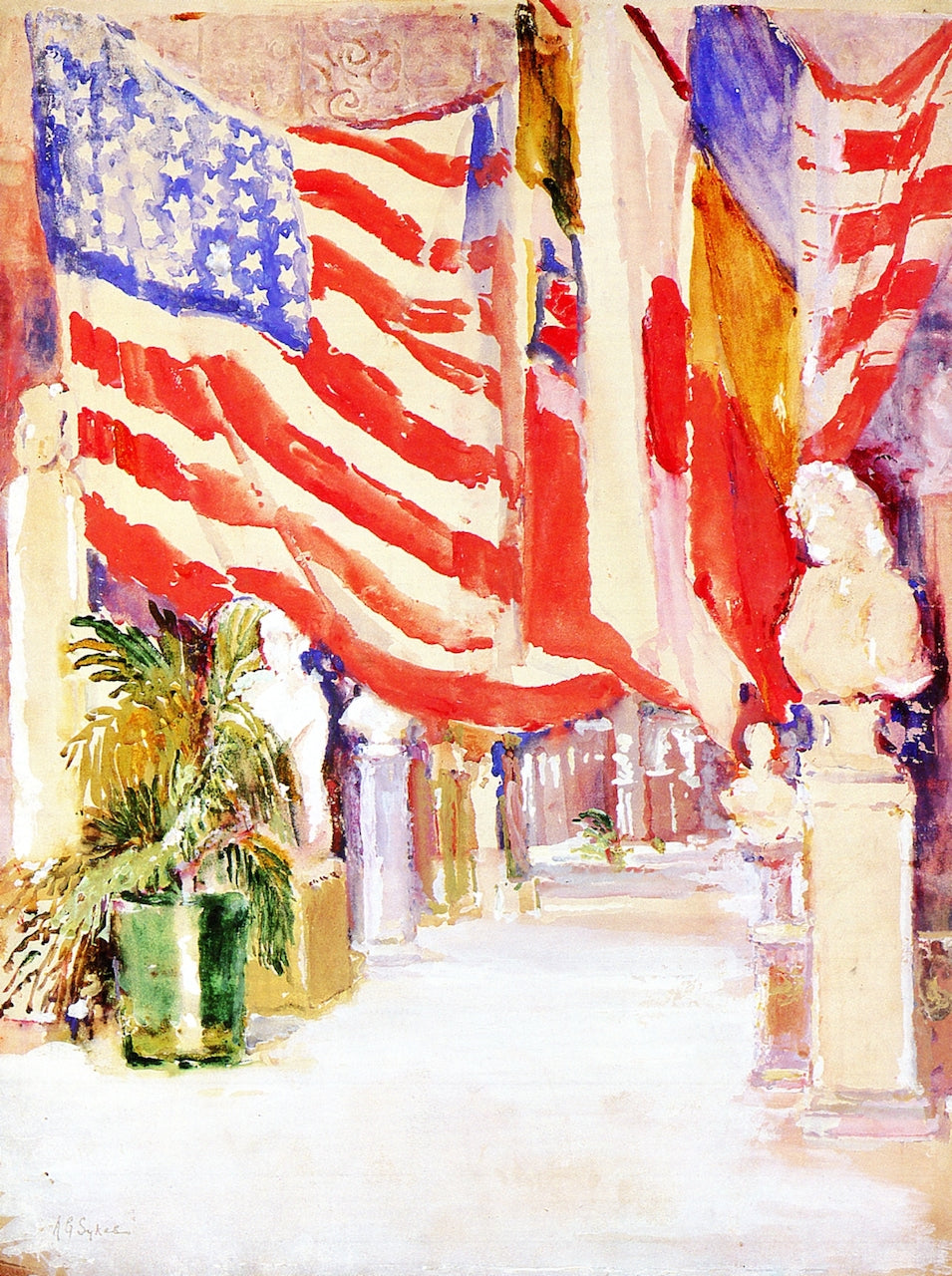 Flags at the Art Museum, Cincinnati, Ohio, vintage artwork by Annie G. Sykes, 12x8" (A4) Poster