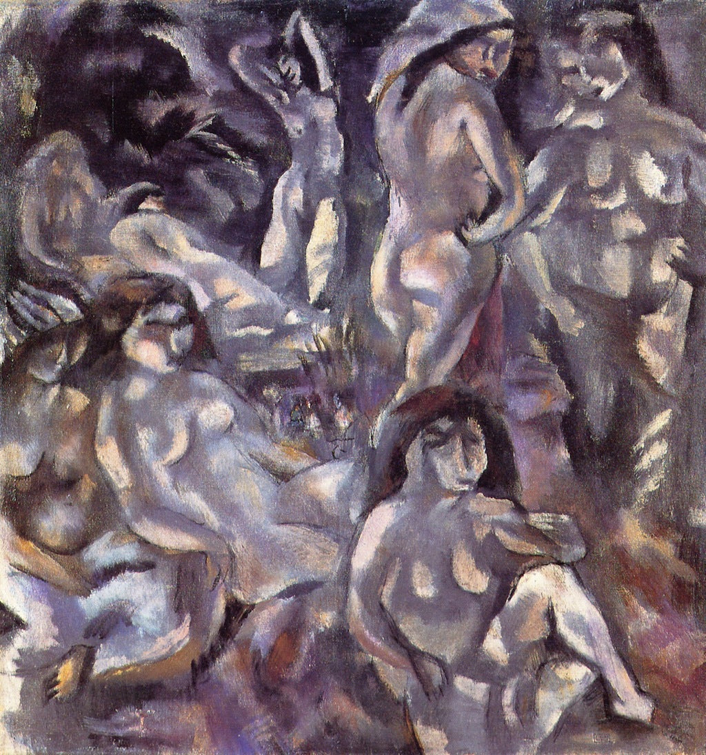 Eight Woman around a Landscape, vintage artwork by Jules Pascin, 12x8" (A4) Poster